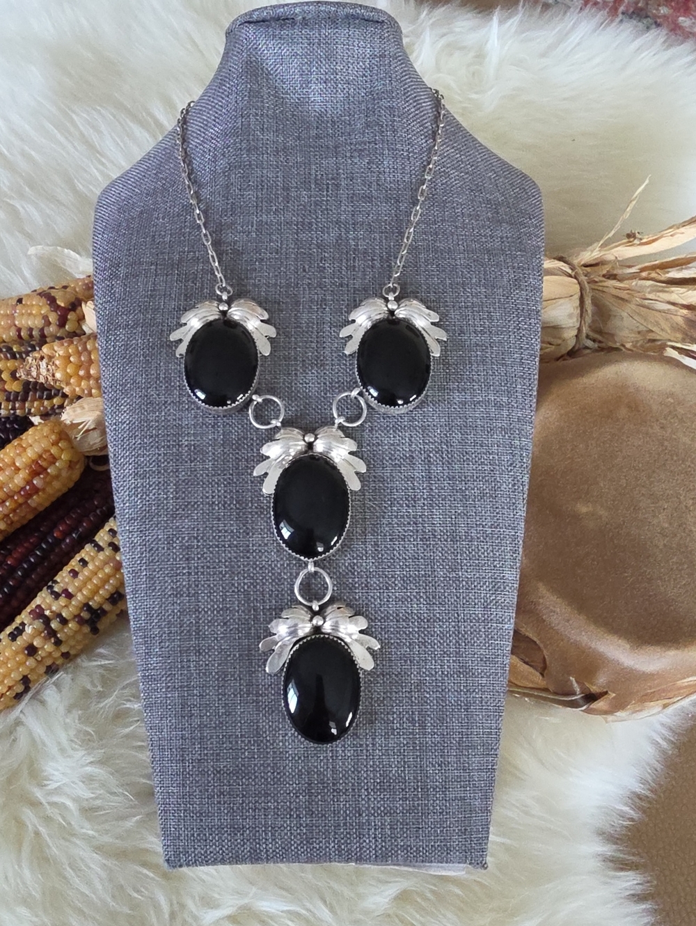 Fantastic Vintage Native American Navajo Onyx & Sterling Lariat Necklace 🖤🎁🩶♥